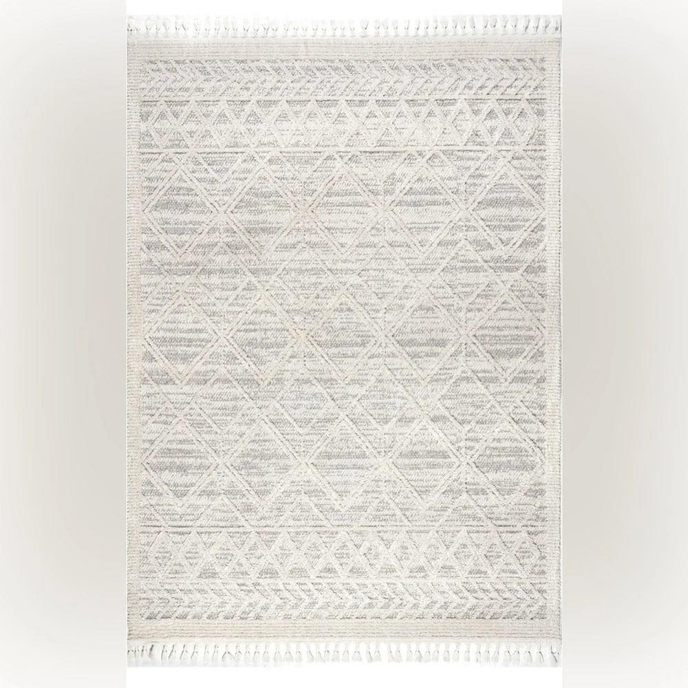 NEW West Elm White Cream Boho Tassel Geometric Moroccan Area Rug Carpet 5' x 8'